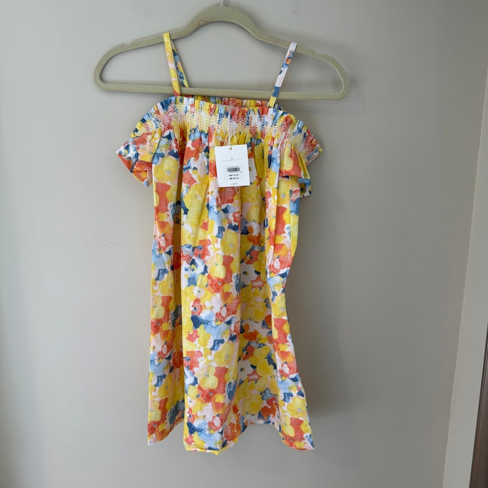 Aerin x Janie and Jack Girls Floral Smocked Cold Shoulder Linen Dress Yellow 10